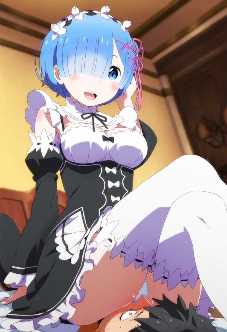 1boy, 1girls, ai generated, blue eyes, blue hair, blush, cute, facesitting, female, legs crossed, maid, maid uniform, male, natsuki subaru, panties, re:zero kara hajimeru isekai seikatsu, rem (re:zero), smiling, white panties
