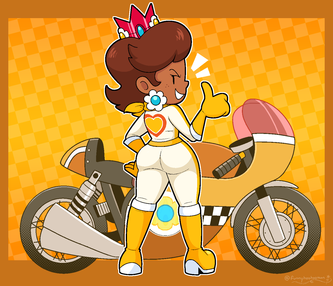 2023 alternative_skin_color ass back_view biker boots butt confident confident_female confident_smile earrings freckles funnyhoohooman long_boots looking_at_viewer looking_back mario_(series) motorcycle nintendo not_porn princess_daisy sfw tagme thighs thumbs_up yellow_boots