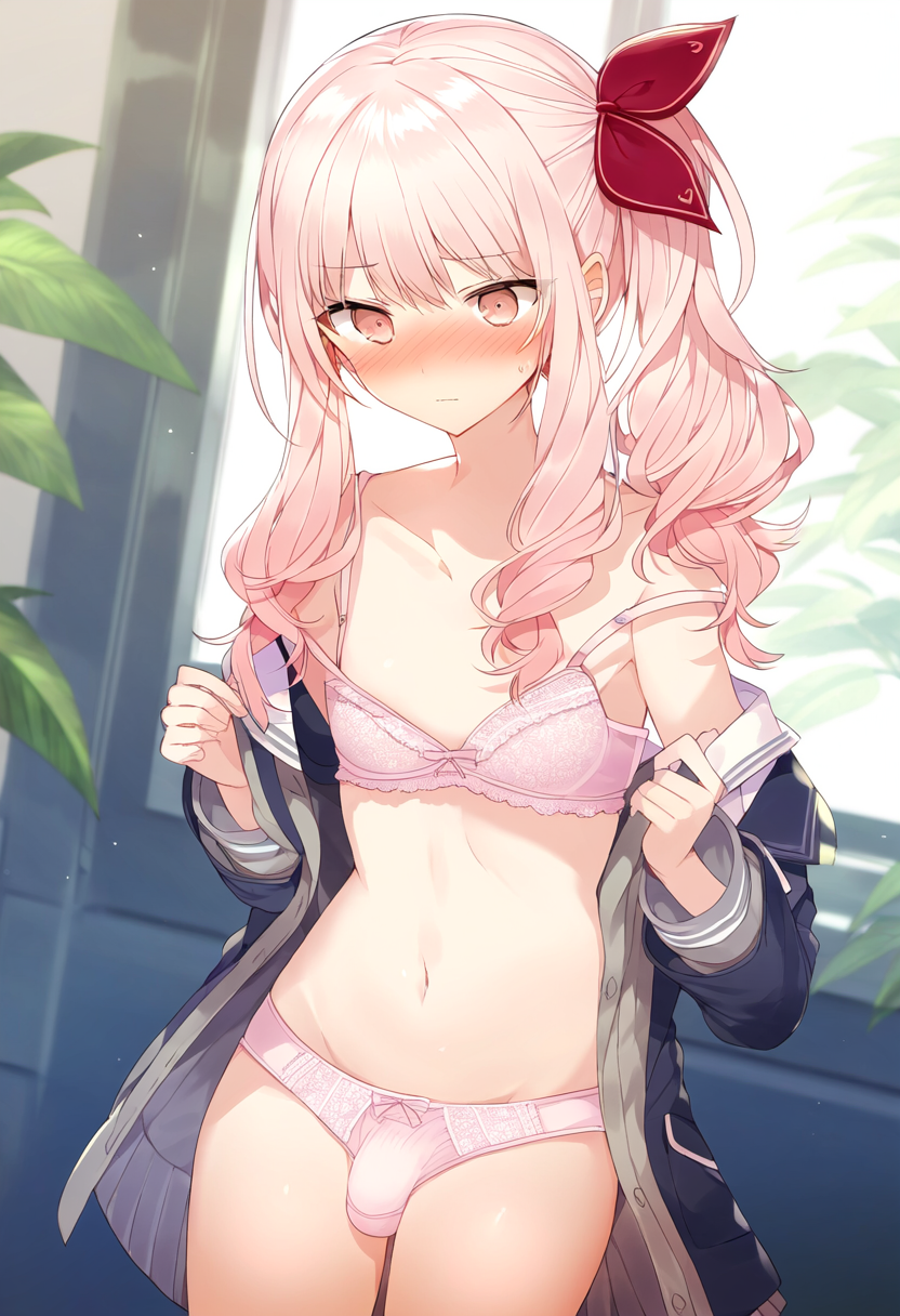 1other ai_generated akiyama_mizuki belly belly_button blush bra breasts breasts_out bulge bulge_through_clothing clothed clothing completely_naked completely_nude femboy flat_chest flat_chested high_resolution highres naked navel panties partially_clothed partially_nude partially_undressed penis pink_eyes pink_hair pov project_sekai solo solo_focus thighs tits_out tummy underwear undressed undressing