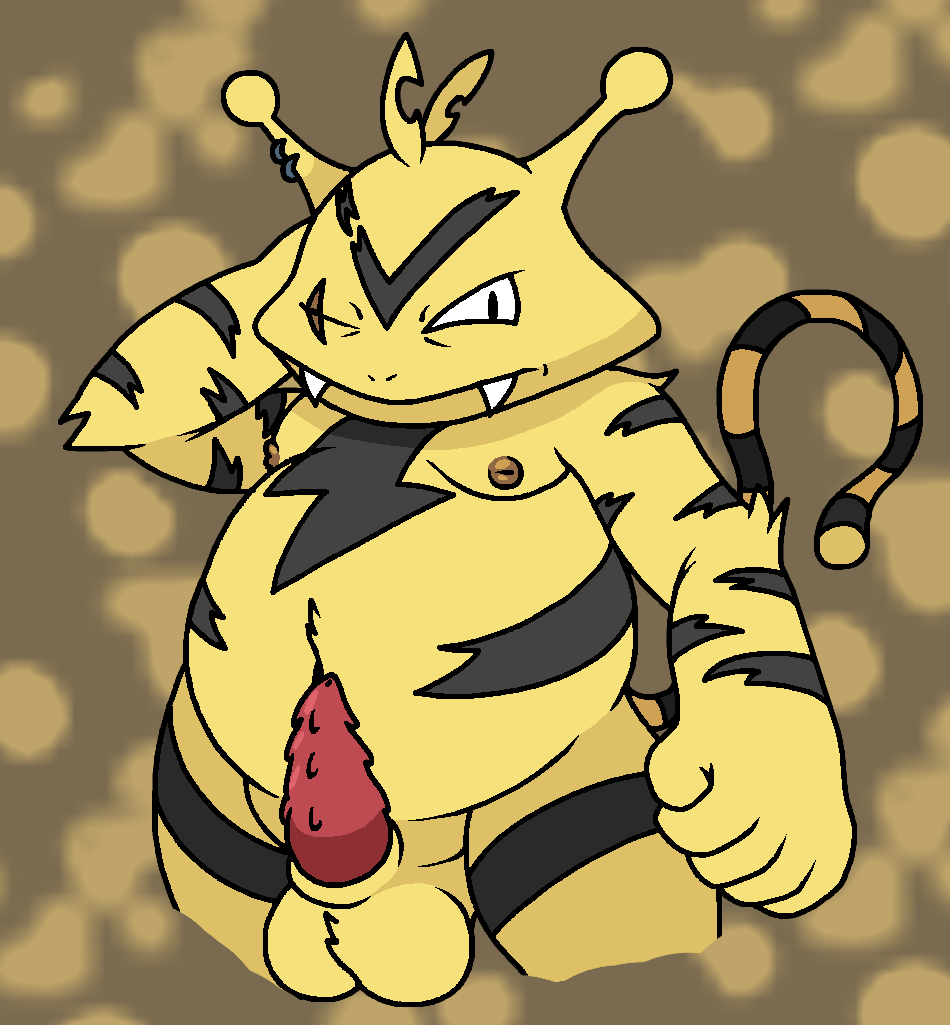 ahoge antennae_(anatomy) anthro arm_tuft ball_tuft balls belly_tuft big_hands black_body black_fur ear_piercing ear_ring earrings_only elbow_tuft electabuzz fangs fur generation_1_pokemon genitals hair hand_behind_head lightning_bolt male markings navel nintendo nipples noseless overweight overweight_anthro overweight_male penile_spines penis piercing pokemon pokemon_(species) ring_piercing scar shoulder_tuft solo somedutchweirdo striped_body striped_fur striped_markings striped_tail stripes tail tail_markings teeth tuft yellow_body yellow_fur