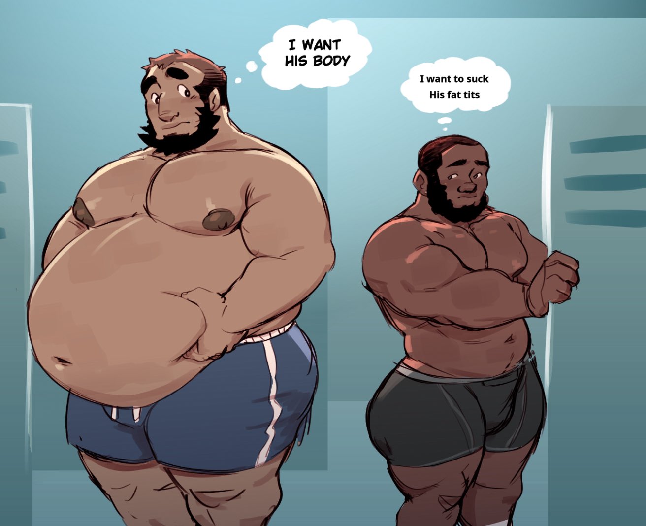 2boys big_belly big_chest big_nipples black_hair brown-skinned_male busty dark-skinned_male facial_hair fat_belly gay grabbing_belly juicestandmango looking_at_breasts looking_at_each_other male male_only obese obese_male overweight overweight_male round_belly