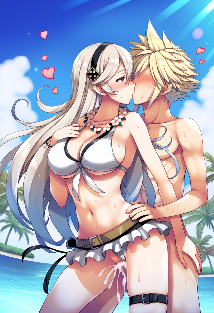 1boy 1girls ai_generated cloud_strife corrin_(fire_emblem) corrin_(fire_emblem)_(female) corrin_(summer)_(fire_emblem)_(female) crossover cumming final_fantasy_vii fire_emblem fire_emblem_fates half-closed_eyes hand_on_another's_waist kissing nai_diffusion nintendo sex sex_from_behind stable_diffusion super_smash_bros. wet