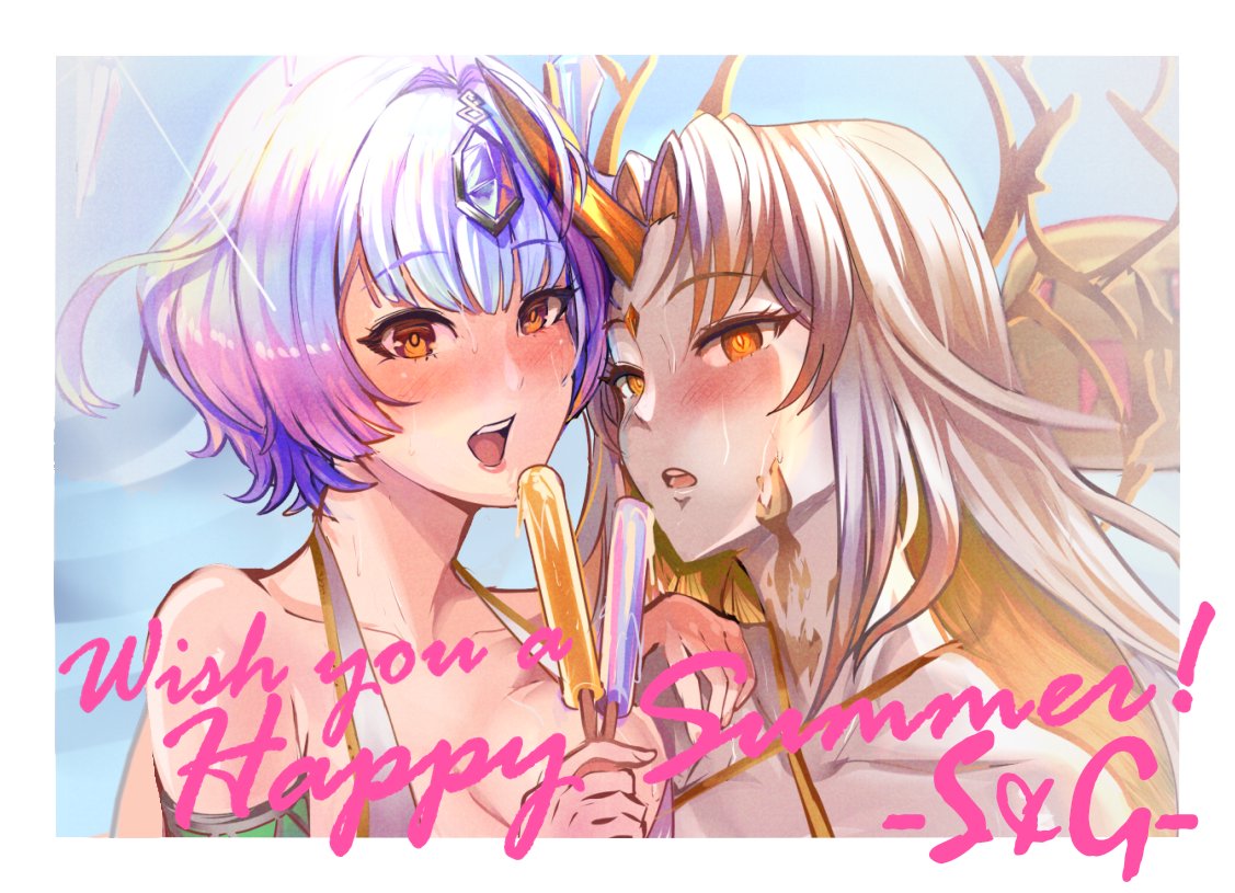 2girls ahoge alternate_costume bikini blonde_hair breasts cleavage female female_only fire_emblem fire_emblem_heroes food grey_hair gullveig_(fire_emblem) gullveig_(summer)_(fire_emblem) horns long_hair multicolored_hair multiple_girls nintendo official_alternate_costume popsicle purple_hair revolverwingstudios seidr_(fire_emblem) seidr_(summer)_(fire_emblem) short_hair single_horn smile swimsuit two-tone_hair upper_body white_bikini white_swimsuit yellow_eyes