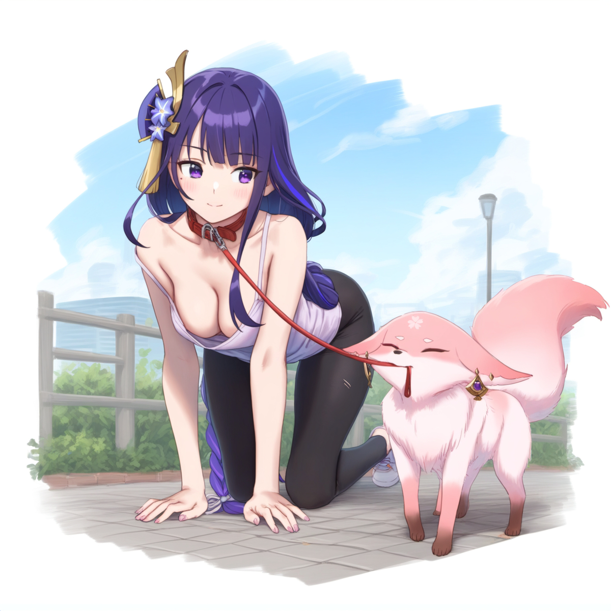 all fours, animal, breasts, center opening, female, female only, genshin impact, leash, on all fours, purple hair, raiden shogun, tagme, yae miko, yae miko (fox)