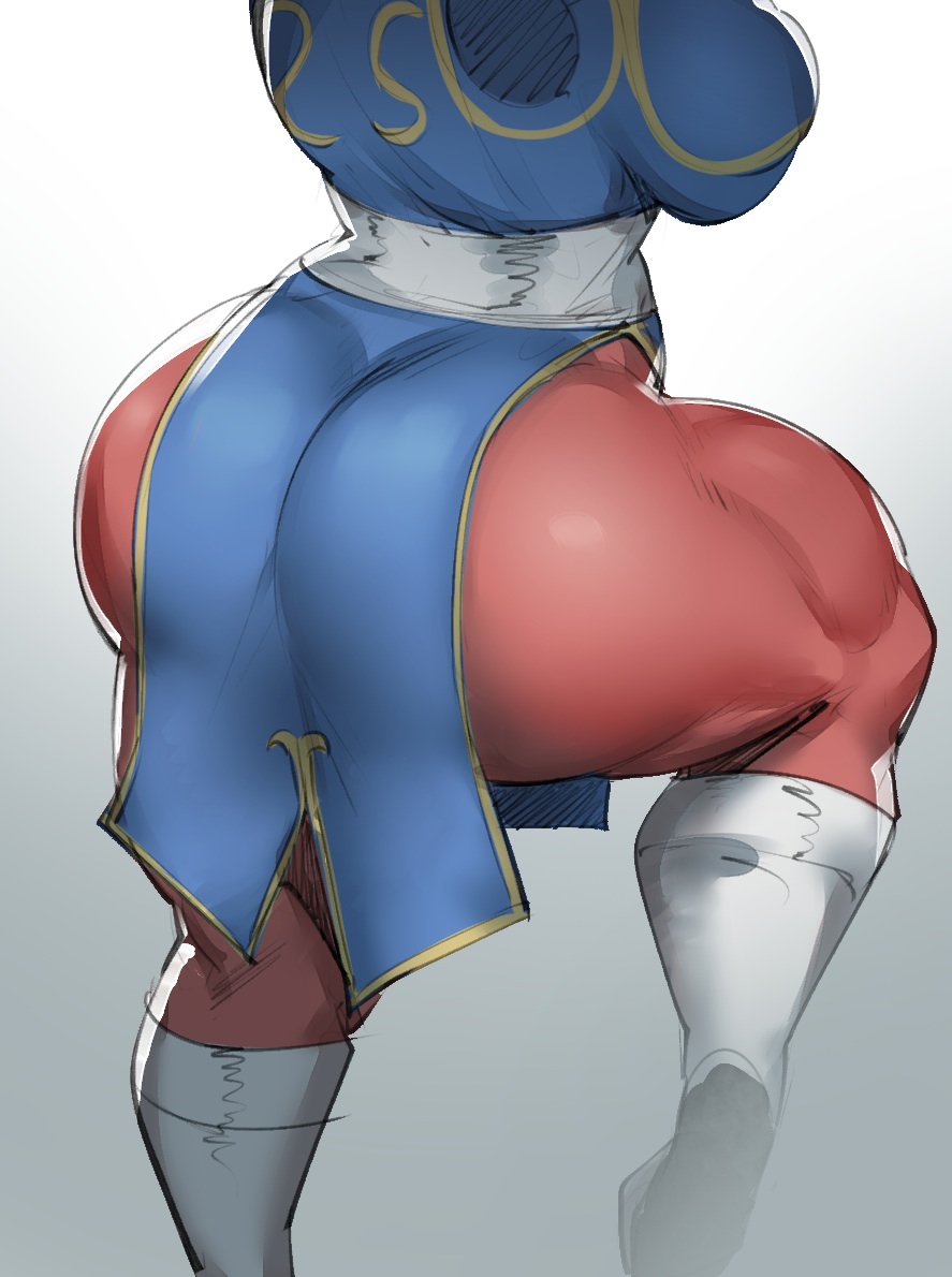 ass, breasts, chun-li, close-up, female, female only, gradient background, huge ass, large breasts, muscles, muscular, muscular female, natedecock, pantyhose, rear view, simple background, street fighter, thick, venus body, voluptuous, white background