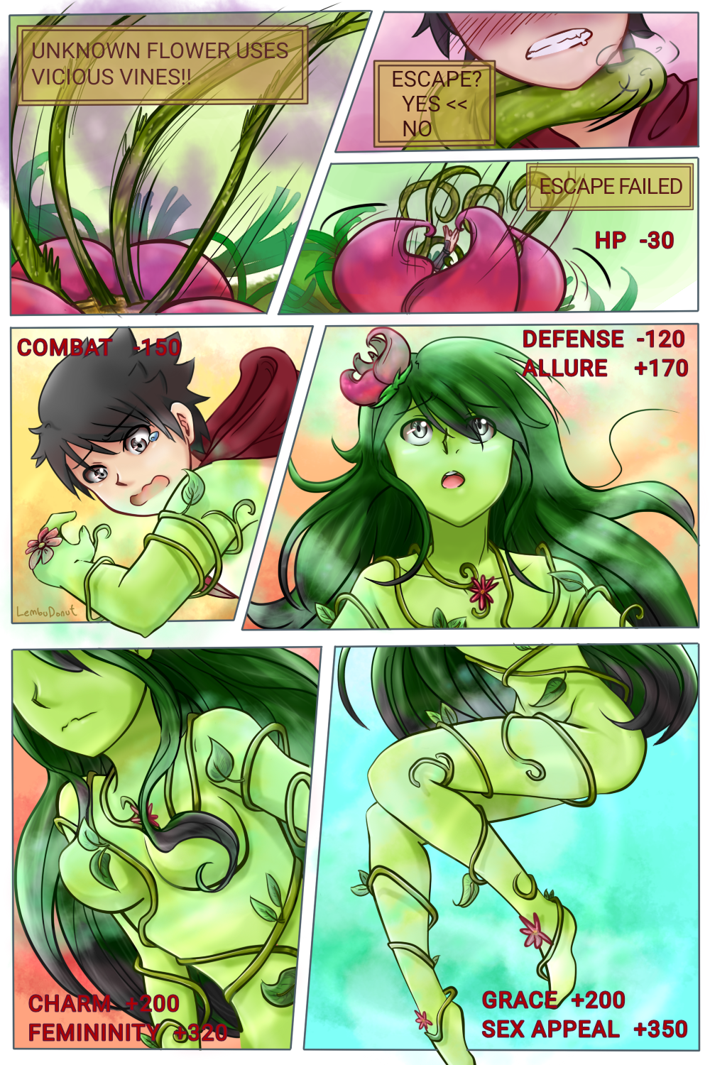 2:3 accessory alraune attack black_hair bodily_fluids breasts clothed clothing colored comic elemental_creature english_text european_mythology female flora_fauna flower flower_in_hair forced forced_transformation gameplay_mechanics gender_transformation green_hair grey_eyes growth hair hair_accessory hair_growth hi_res human humanoid long_hair male mammal medium_breasts mtf_transformation mythology nieyx plant plant_transformation solo surprised_expression tears tentacle tentacle_around_neck text transformation trapped unexpected urban_(character)