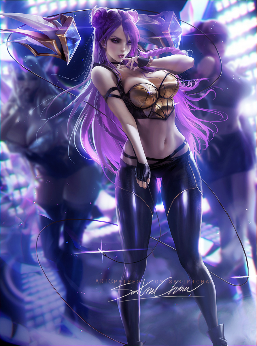 alternate costume, big breasts, breasts, cleavage, female, female only, k/da kai'sa, k/da series, kai'sa, large breasts, league of legends, lipstick, looking at viewer, pinup, sakimichan, silhouette, solo focus