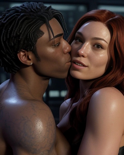 1boy 1girls ai_generated dark-skinned_male dark_skin duo female human human_only interracial kiss kissing_cheek light-skinned_female light_skin male marvel marvel_comics mary_jane_watson miles_morales nude nude_female nude_male red_hair romantic romantic_couple spider-man_(series) straight