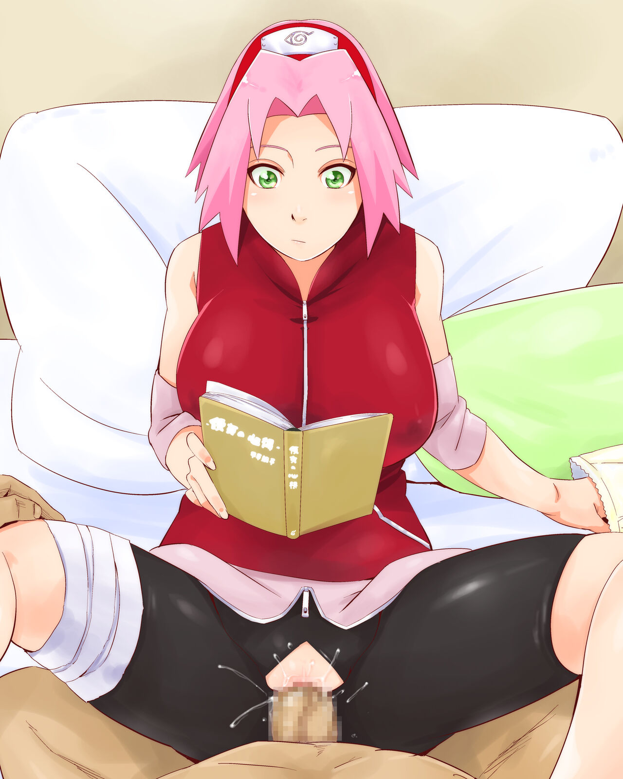 1boy 1girls blush book breasts closed_mouth covered_erect_nipples cutout embarrassed faceless_male female female_focus green_eyes large_breasts male_pov missionary missionary_position naruto naruto_(series) naruto_shippuden penetration penis pink_hair pov pussy reading reading_book sakura_haruno sex short_hair source_request sunahara_wataru vaginal_penetration vaginal_sex