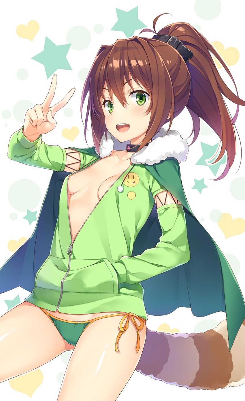 areola_slip ass_visible_through_thighs bare_legs bare_thighs blush breasts brown_hair choker collarbone green_eyes green_panties hand_in_pocket kono_subarashii_sekai_ni_shukufuku_wo! lean_(konosuba) no_bra no_shorts official_art open_jacket open_mouth panties peace_sign ponytail raccoon_tail shiny_skin sideboob small_breasts smile thighs yuuki_hagure zipper zipper_pull_tab