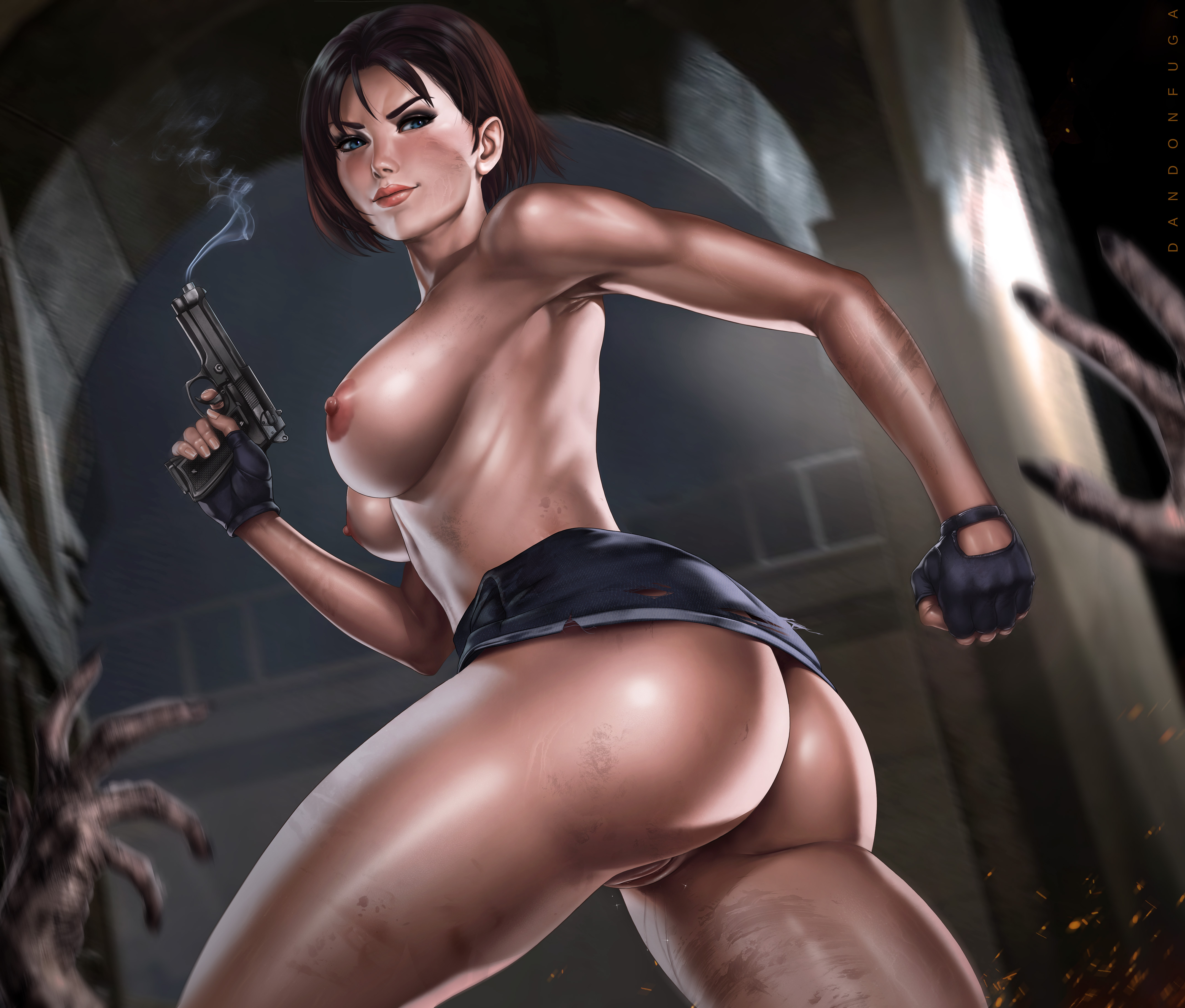 ass, blue eyes, breasts, brown hair, capcom, dandon fuga, female, firearm, gun, handgun, highres, human, jill valentine, jill valentine (sienna guillory), large breasts, nipples, no panties, nude, nude female, pussy, pussy juice, resident evil, resident evil 3, shaved pussy, short hair, skirt, smile, topless, weapon, zombie