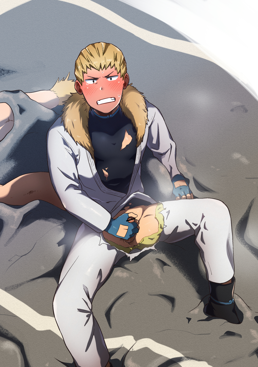 1boy, bar censor, blonde hair, blush, blushing, censored, clenched teeth, clothed, colored, embarrassed, fingerless gloves, fur collar jacket, hand on penis, heavy blush, holding penis, kemukemuke, male, male only, mashirao ojiro, masturbation, my hero academia, penis, pointless censoring, ripped clothing, small penis, solo, solo male, sweat, tail, tearing up, torn clothes, torn pants