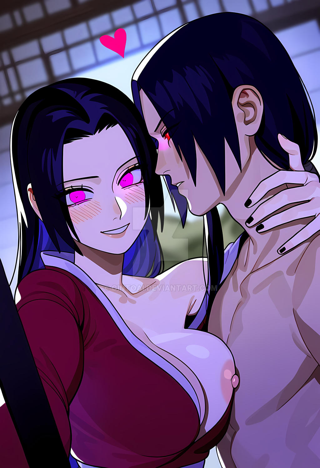 1boy 1girls ai_art ai_generated akatsuki_(naruto) areolae big_breasts black_hair blush boa_hancock breasts breasts_out crossover deviantart female gintoai grabbing heart long_hair looking_at_viewer male nail_polish naruto naruto_(series) naruto_shippuden nipples one_piece pleasure_face selfie smile uchiha_itachi