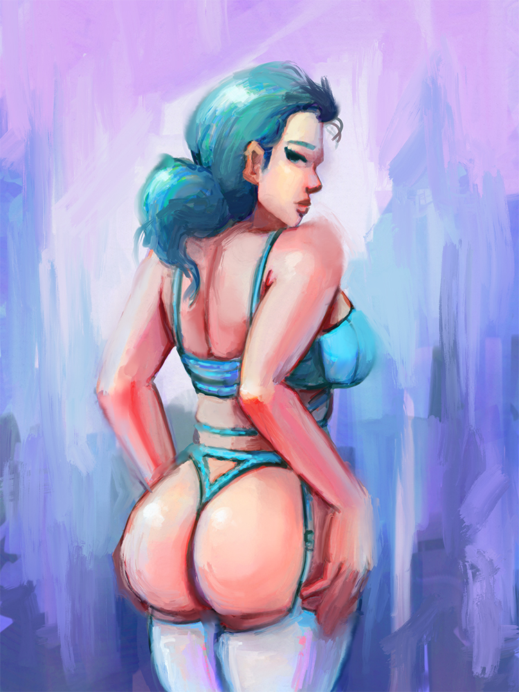 back_view big_ass blue_eyes blue_hair female lingerie officer_jenny_(pokemon) pokemon ropepigments solo watercolor_(artwork)