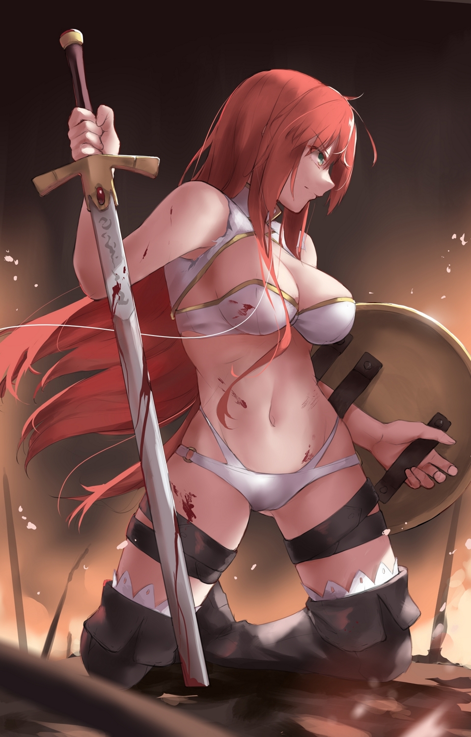 1girls armpits belly belly_button black_thighband blue_eyes blue_eyes_female boudica_(fate) bra breasts cleavage dark_background den_(kur0_yuki) elbows fate/grand_order fate_(series) female female_focus female_only fingers frown frown_eyebrows frowning groin high_resolution highres hourglass_figure kneeling knees large_breasts lean_body lean_figure legs light-skined_female light-skinned light-skinned_female light_skin light_skin_female light_skinned light_skinned_female lips long_hair looking_sideways looking_to_the_side navel on_knees panties pussy red_hair red_hair_female shield shoulders sideboob slender_body slender_waist slim_girl slim_waist solo sword thick_thighs thighband thighs thin_waist underboob underwear upper_body v-line weapon white_bra white_panties white_underwear wide_hips