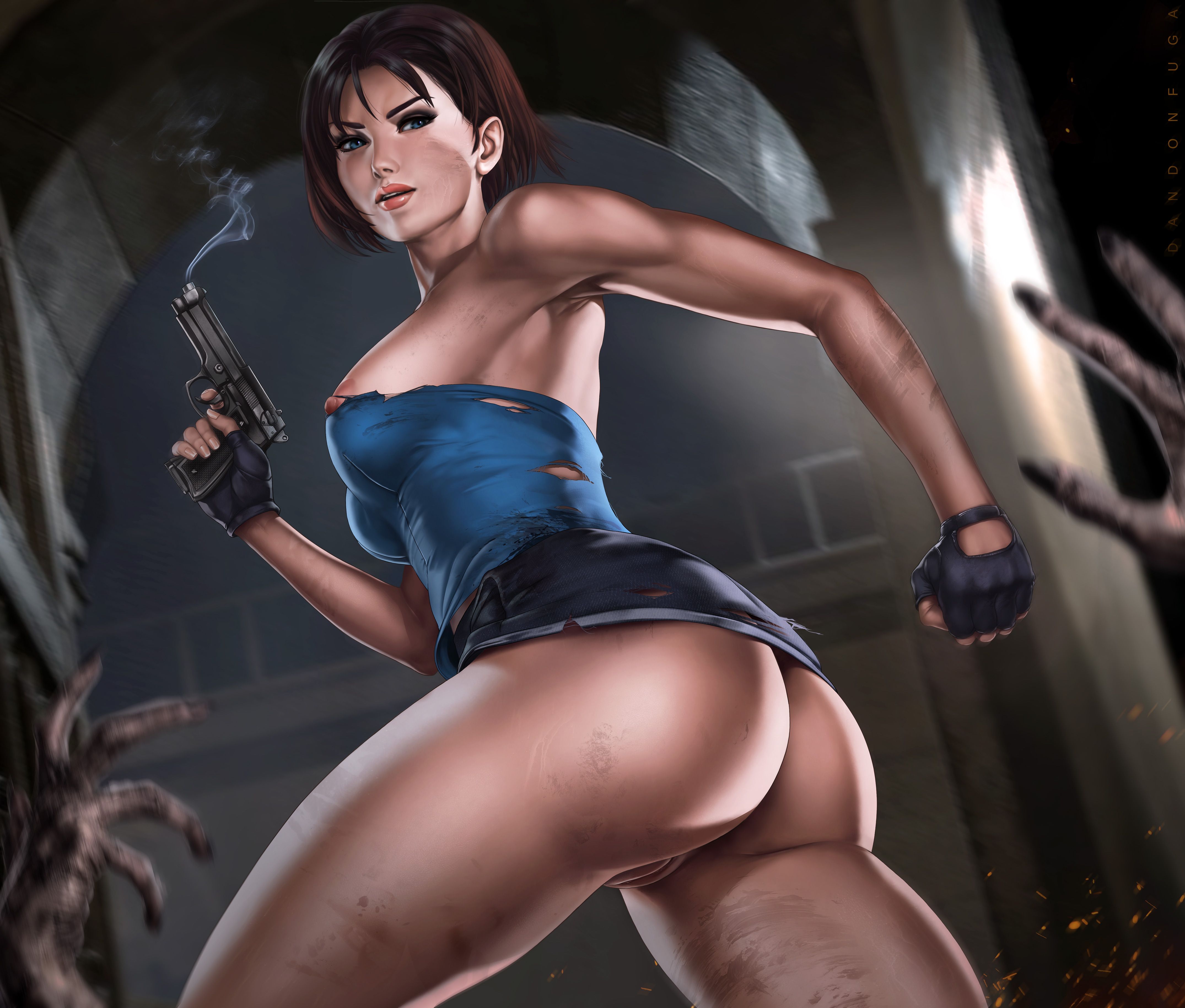 1girls, alternate version available, areolae, ass, biohazard, blue eyes, bottomless skirt, breasts, capcom, cleavage, curvy, damaged clothes, dandon fuga, erect nipples, exposed, exposed nipples, exposed pussy, female, female only, jill valentine, jill valentine (sienna guillory), large ass, large breasts, lost clothes, nipples, no panties, nude, nude female, puffy nipples, pussy, resident evil, resident evil 3, shaved pussy, short hair, skirt, smoking gun, thick lips, tubetop, wardrobe malfunction, wide hips