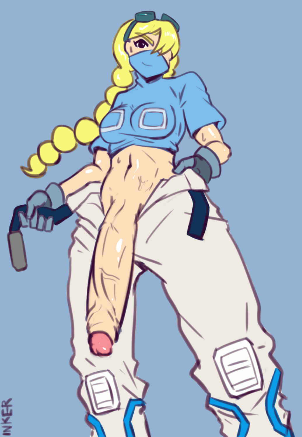 big_penis blonde_hair clothed futa_only futanari hair_over_one_eye hyper inker intersex jet_(lethal_league) lethal_league penis