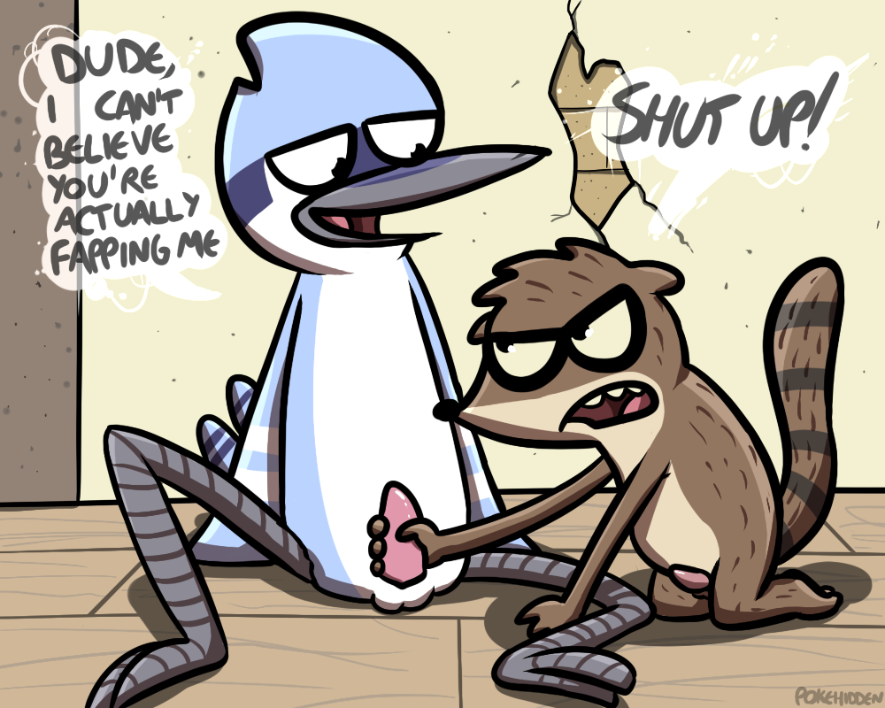 animal_genitalia bird blue_jay furry handjob male male_only mordecai penis pokehidden raccoon regular_show rigby text yaoi