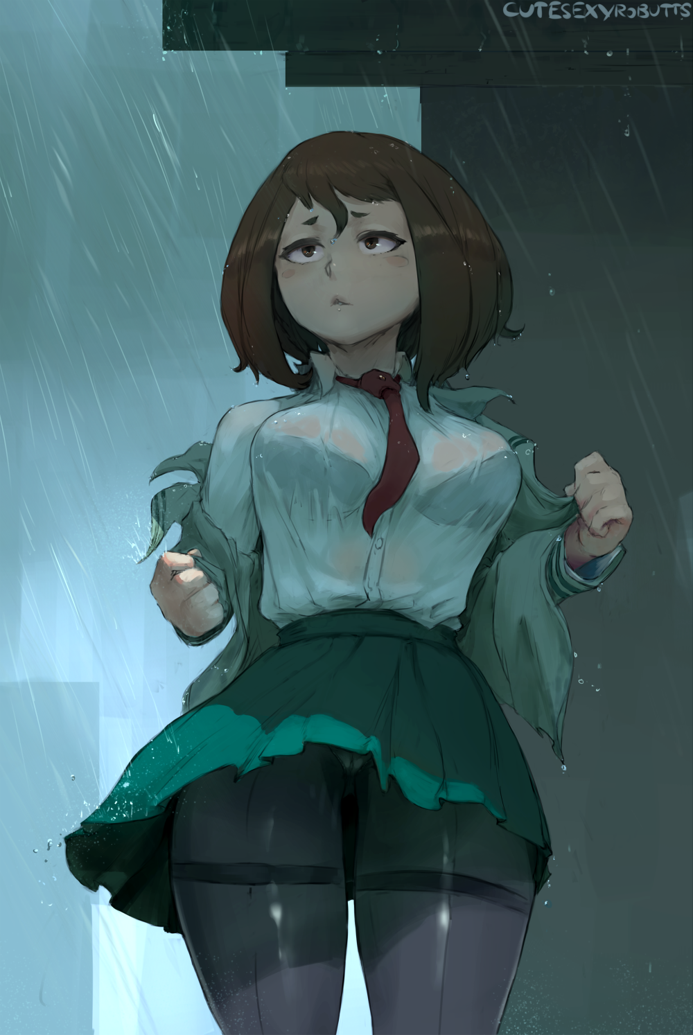 1girls artist_name black_legwear blush bra breasts brown_eyes brown_hair clothing cutesexyrobutts female female_only hair large_breasts legwear my_hero_academia ochako_uraraka panties pantyhose rain school_uniform see-through shirt short_hair skirt solo stockings thick_thighs thighs u.a._school_uniform uniform upskirt watermark wet_clothes wind_lift