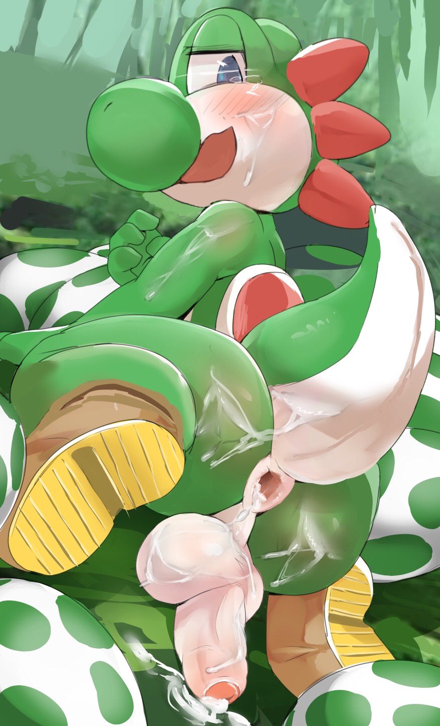 1boy anthro anus ass backsack balls blush cum cum_on_butt egg gaping gaping_anus green_yoshi looking_at_viewer looking_back male male_only mario_(series) nintendo nuko0923 nukochi open_mouth outdoors penis raised_tail rear_view solo tail testicles uncut video_games yoshi