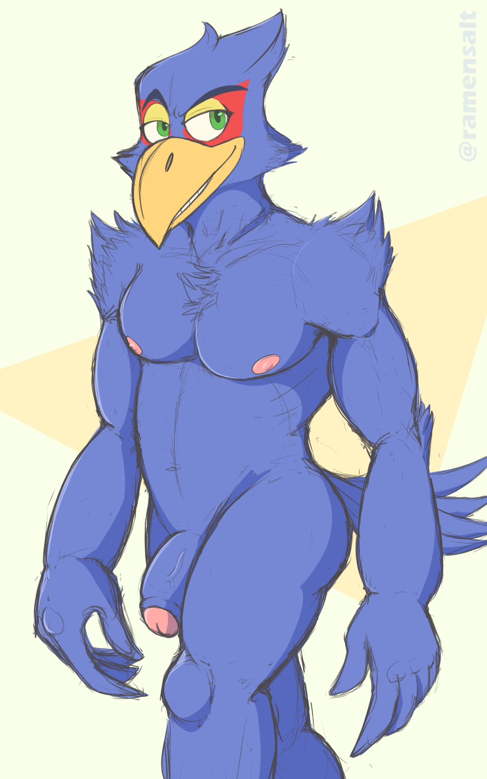 anthro avian beak bird falco_lombardi flaccid green_eyes grin male male_only nintendo nipples nude penis ramensalt smile star_fox uncut vein veiny_penis video_games