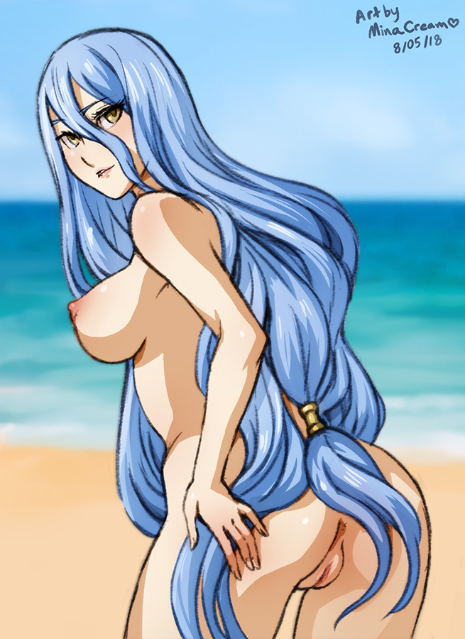 2018, anus, areolae, artist name, ass, azura (fire emblem), beach, blue hair, breasts, female, female only, fire emblem, fire emblem fates, hair, long hair, looking at viewer, looking back, minacream, nintendo, nipples, nude, on back, outside, pose, posing, presenting, pussy, seaside, signature, solo, thighs, yellow eyes