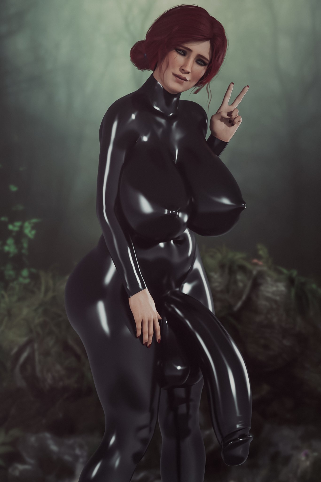 1futa, 3d, balls, balls bulge, balls in bodysuit, balls under clothes, bimbo, bodysuit, breasts, bulge, cameltail, cd projekt red, clothing, club shaped penis, cock sleeve (clothes), curvy, detailed bulge, erect nipples, erect nipples under clothes, erection under clothes, foreskin, futa only, futanari, genitalwear, hairbun, half-erect, huge balls, huge breasts, huge cock, hyper, hyper penis, impossible clothes, intersex, latex, latex bodysuit, latex breasts, latex futa, latex nipples, latex suit, long penis, looking at viewer, mascara, nipple bulge, nipples, penis, penis bulge, penis in bodysuit, penis under clothes, realistic, red hair, red nails, retracted foreskin, sleeves past wrists, solo, solo futa, stevencarson, testicles, the witcher, the witcher (series), the witcher 2, the witcher 3: wild hunt, thick penis, tight clothing, triss merigold, uncircumcised, v, wide hips