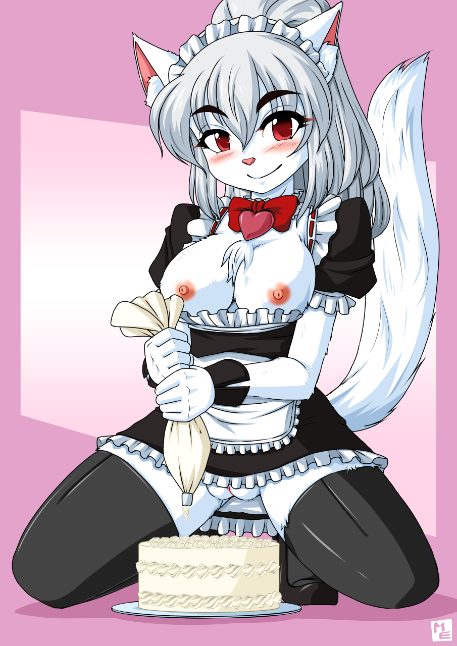 2017 blush bow_tie breasts cake chest_tuft clothed clothing feline female fluffy fluffy_tail food fur hair heart hi_res holding_object inner_ear_fluff kneeling looking_at_viewer maid_uniform mammal milkexplorer nipples no_underwear pussy red_eyes simple_background skimpy solo tuft uniform white_fur white_hair