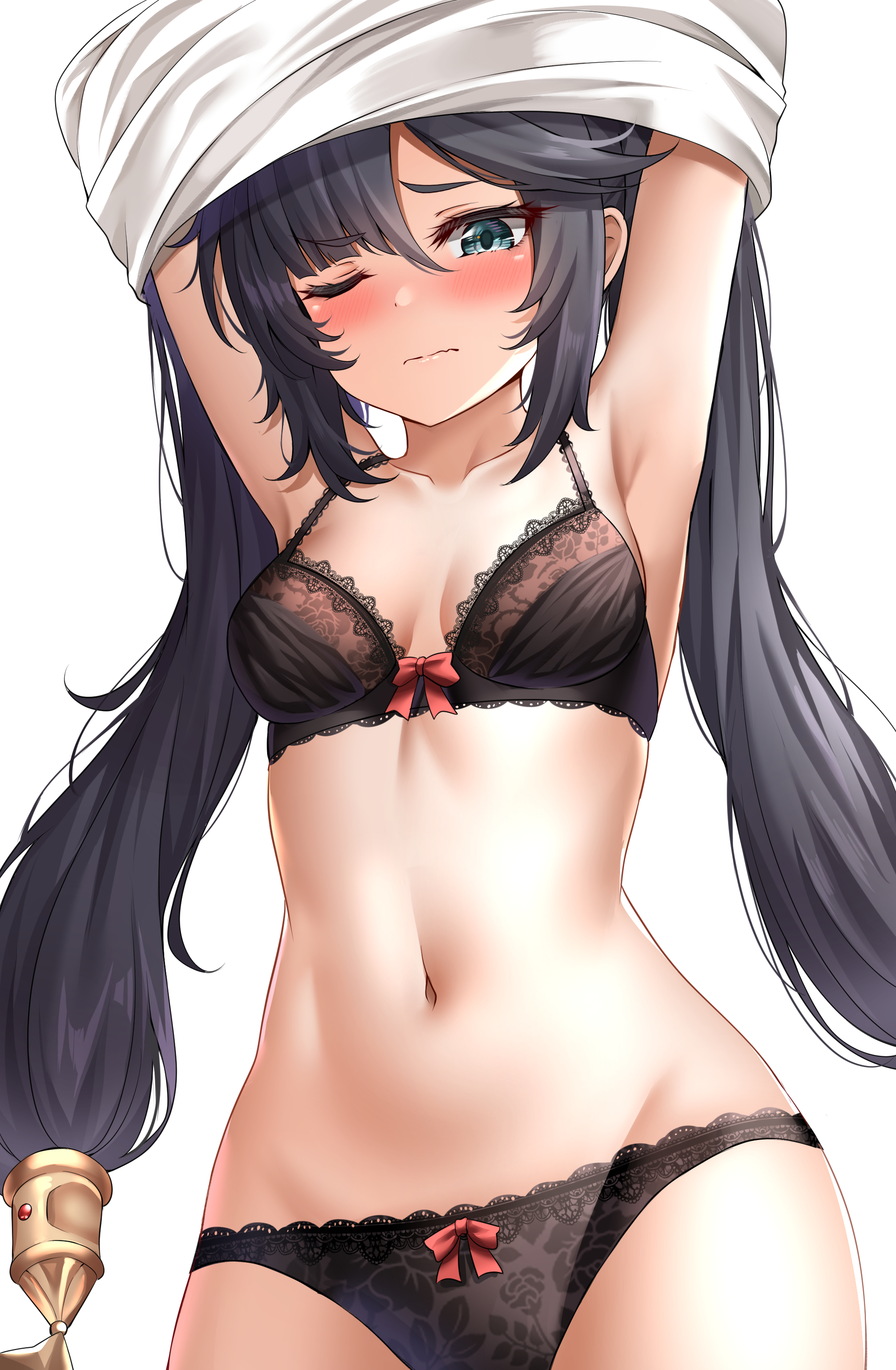 1girls, black bra, black hair, black panties, blush, blushing, embarrassed, female, genshin impact, long hair, mona (genshin impact), undressing, wink