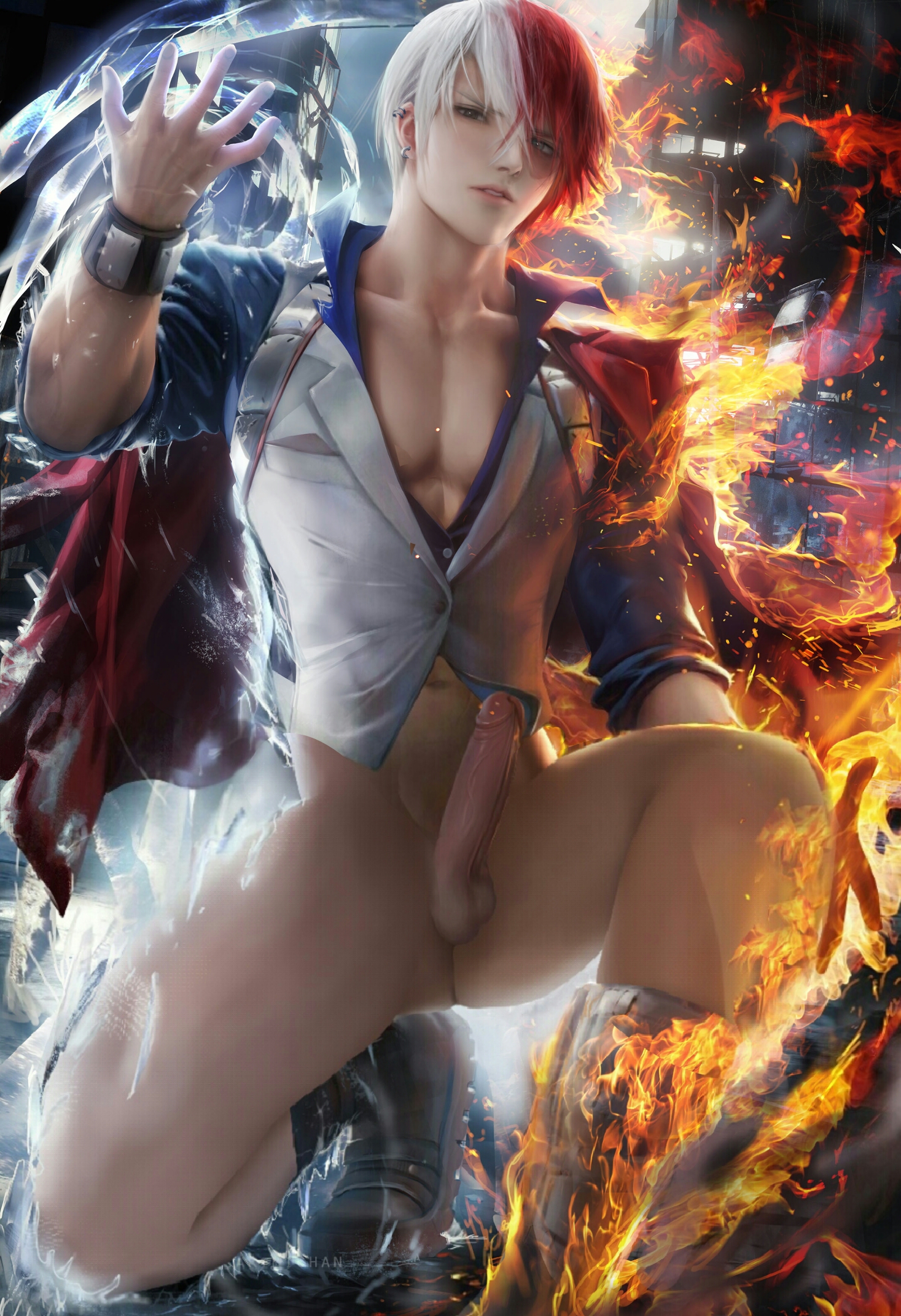 1boy, abs, balls, edit, edited, fire, male, male only, my hero academia, nude, nude filter, penis, pinup, sakimichan, shouto todoroki