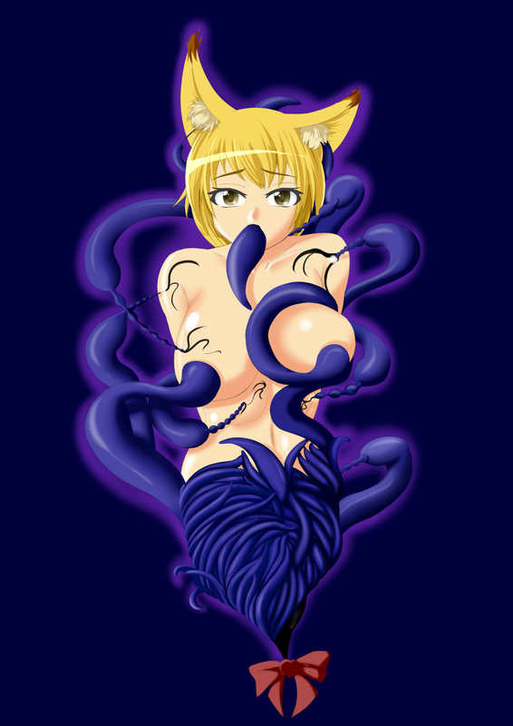 2009 all_the_way_through animal_humanoid big_breasts blonde_hair breasts comic corruption female fox_humanoid green_eyes hair hat humanoid looking_at_viewer nude ran_yakumo simple_background solo tamakko tentacle tentacle_in_mouth touhou