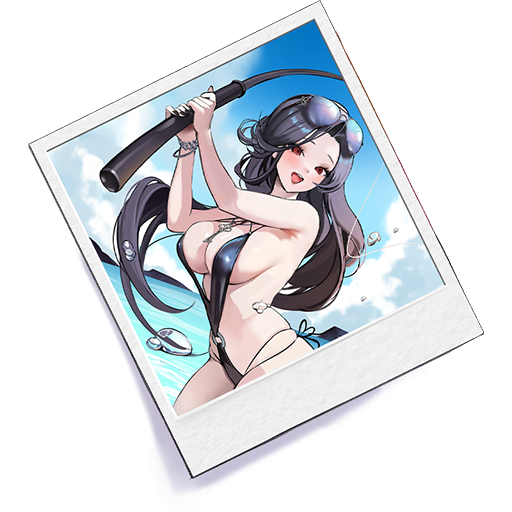 barely_clothed beach bikini black_hair blush fishing fishing_rod game_cg goddess_of_victory:_nikke happy key key_necklace light-skinned_female light_skin long_hair looking_at_viewer maiden_(nikke) maiden_(under_the_sun)_(nikke) ocean official_art open_mouth photo red_eyes solo solo_female summer sunglasses sunglasses_on_head swimsuit transparent_background water