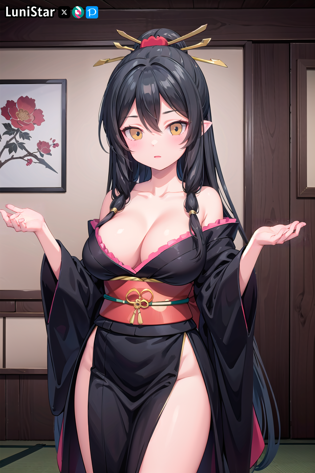 1girls ai_generated arifureta_shokugyou_de_sekai_saikyou big_breasts black_hair black_kimono blush breasts cleavage cute eyebrows_visible_through_hair female female_only front_view hair_between_eyes hair_ornament highres indoors kimono large_breasts light-skinned_female light_skin long_hair looking_at_viewer lunistar mature mature_female milf pointy_ears ponytail room smile solo stable_diffusion standing tagme thick_thighs tio_klarus voluptuous watermark yellow_eyes