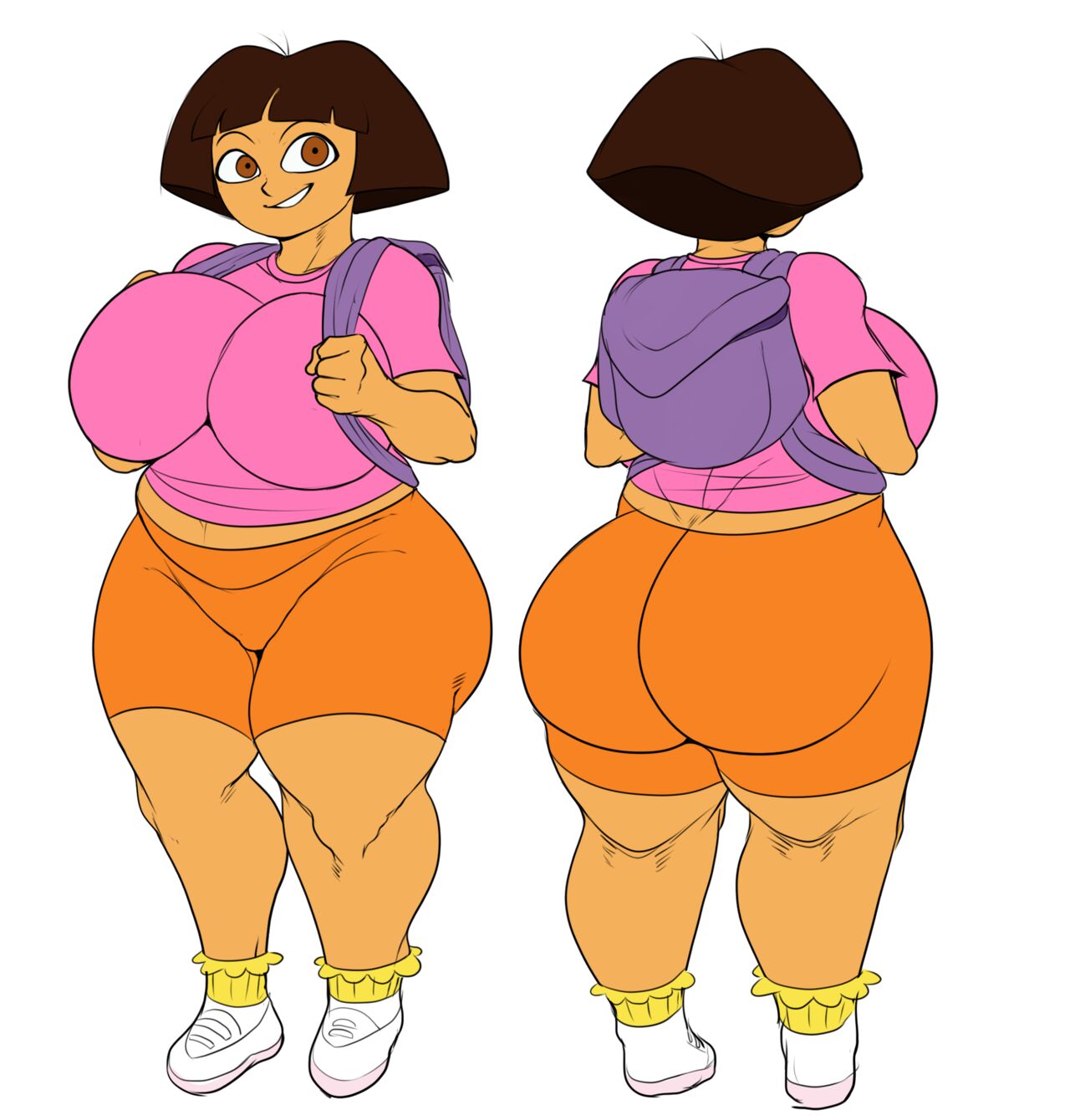 1girls backpack big_ass blank_background bowl_cut brown_eyes brown_fur brown_skin detnox dora_marquez dora_the_explorer fat_ass female female_only huge_ass large_ass looking_at_viewer massive_ass massive_breasts orange_shorts pink_shirt short_hair shortstack smiling thick_thighs third-party_edit