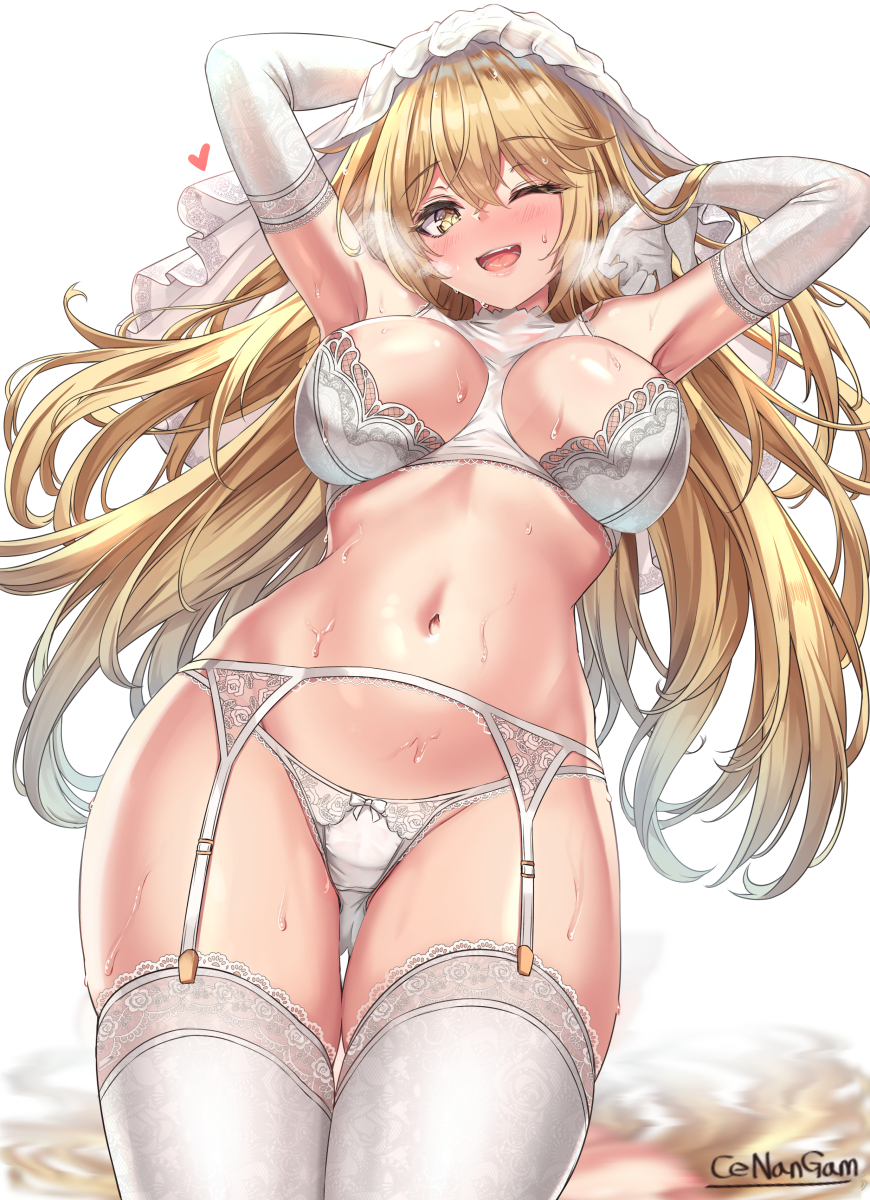 1girls 2020 arm_gloves armpits arms_up artist_name bangs belly belly_button big_breasts blonde_hair blush breasts cenangam eyebrows eyebrows_visible_through_hair garter_belt heart lingerie looking_at_viewer looking_down open_mouth shokuhou_misaki simple_background smile solo solo_female solo_focus sweat to_aru_kagaku_no_railgun to_aru_majutsu_no_index wedding_veil wink yellow_eyes