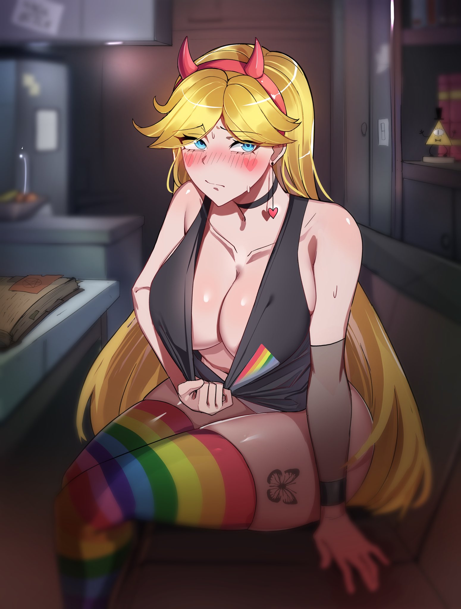 1girls, ass, blonde female, blonde hair, blue eyes, blush, breasts, choker, disney, disney channel, disney xd, female, female only, hi res, large ass, light skin, light-skinned female, looking at viewer, solo, star butterfly, star vs the forces of evil, thighhighs, thighs, ti keep, white female