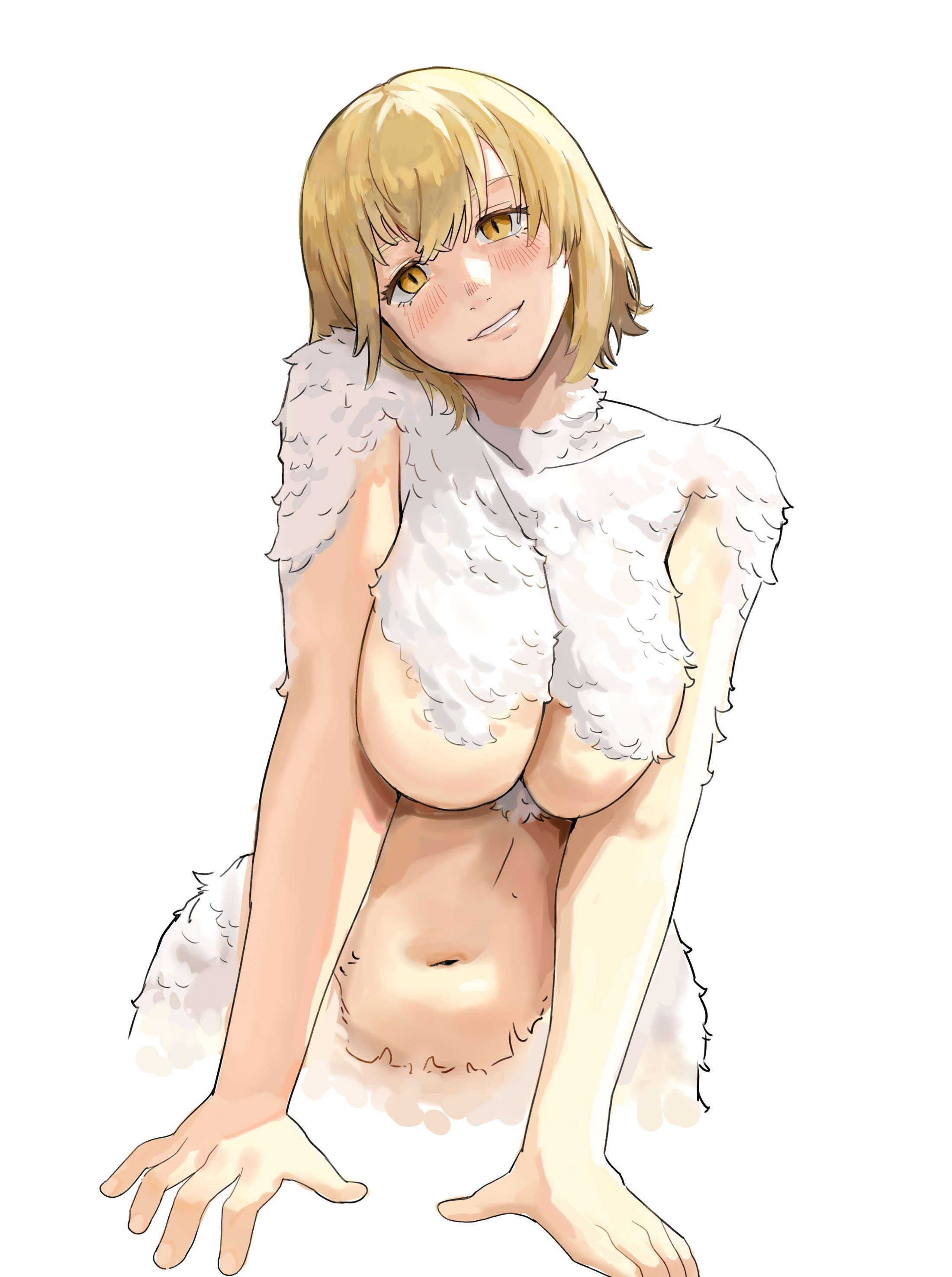 big breasts, blonde hair, breast squeeze, breasts, chubby, chubby female, covered nipples, dungeon meshi, falin touden, falin touden (chimera), feathers, female, head tilt, navel, nisakusa, short hair, simple background, smile, tagme, white background, yellow eyes