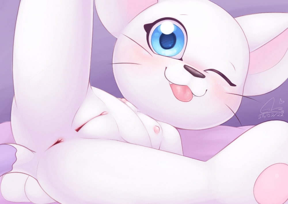 1girls anthro anus ass breasts digimon fangs feline female female_only furry gatomon gatomonlover looking_at_viewer nipples one_eye_closed pussy small_breasts solo tongue tongue_out