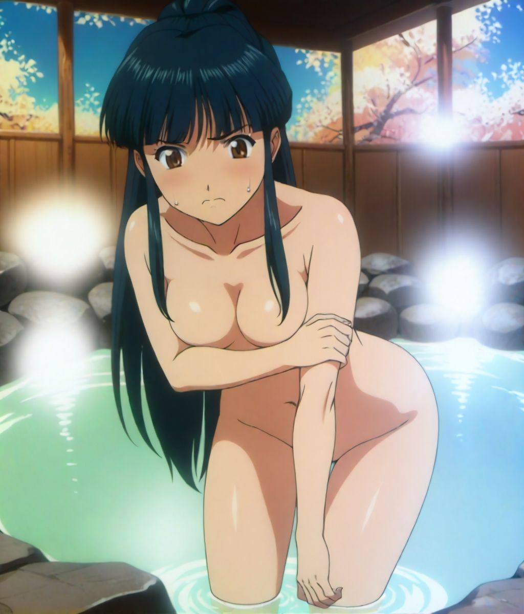 1girls ai_generated annoyed arm_covers_breast arm_grab bathing bending big_breasts blush breasts busty cherry_blossoms covering_breasts covering_crotch daytime hot_spring hotsprings large_breasts leaning_forward navel nude nude_female onsen sakura_shinguji sakura_taisen sakura_wars steam sweat