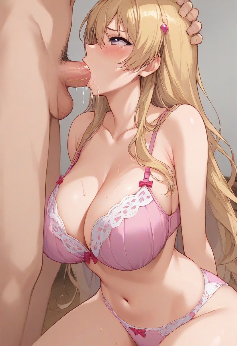 1boy 1girls ai_generated bare_shoulders blonde_hair blowjob blush bow bow_bra bra breasts cleavage clockup collarbone deepthroat enjoying eroge!_h_mo_game_mo_kaihatsu_zanmai fellatio female fujiwara_momoka gastkeser82 hair_ornament kneeling large_breasts long_hair navel panties penis penis_grab penis_in_mouth pink_bra pink_panties purple_eyes stomach