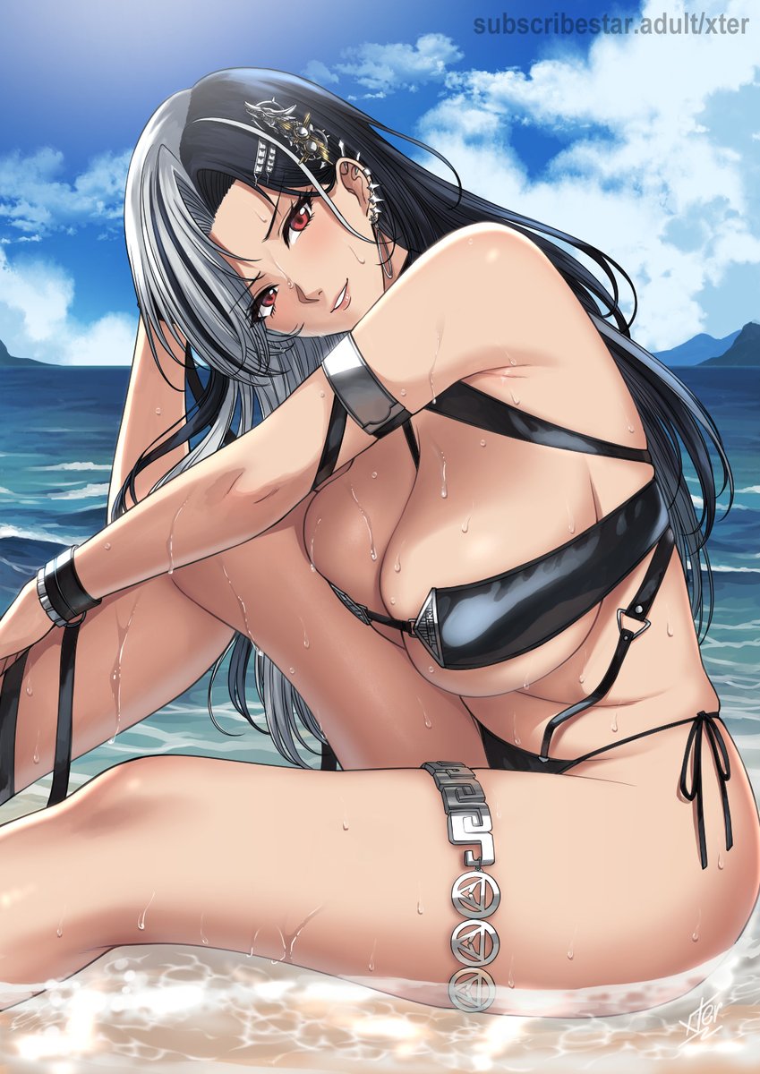 amber_eyes beach bikini black_hair cleavage ear_piercing goddess_of_victory:_nikke hi_res high_resolution highres huge_ass large_breasts lips lipstick looking_at_viewer mature_female ocean piercing red_hair rosanna_(chic_ocean)_(nikke) rosanna_(nikke) sitting smile smiling smiling_at_viewer summer swimsuit thick_thighs thighs two_tone_hair underboob water wet wet_body wet_breasts white_hair xter xtermination