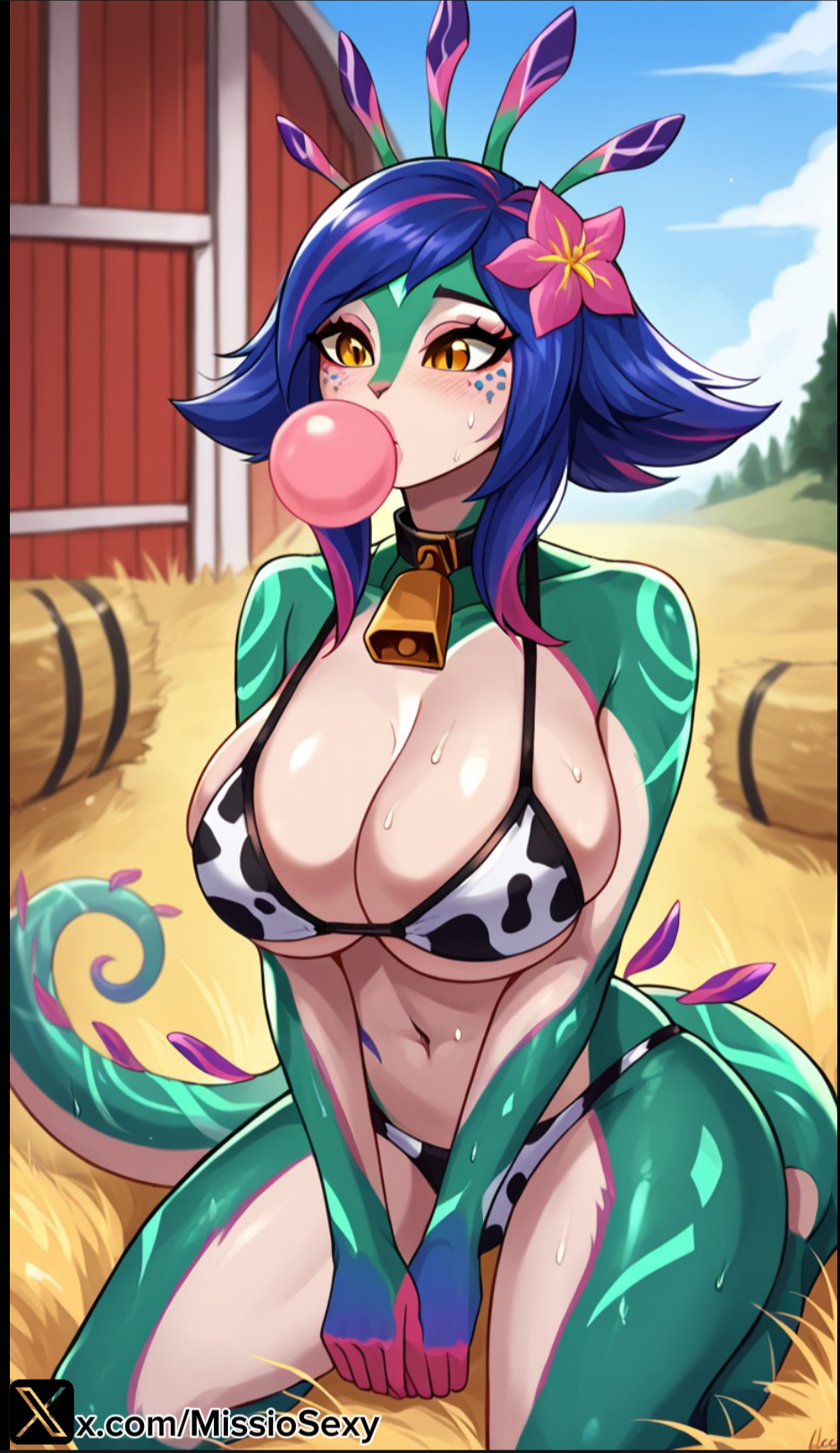 1girls ai_generated anthro big_breasts bikini bikini_top blowing_bubblegum bubble_blowing bubble_gum chewing_gum cow_bikini cow_girl cowgirl cowgirl_position cowkini female furry furry_female gum league_of_legends league_of_legends:_wild_rift miss_io neeko