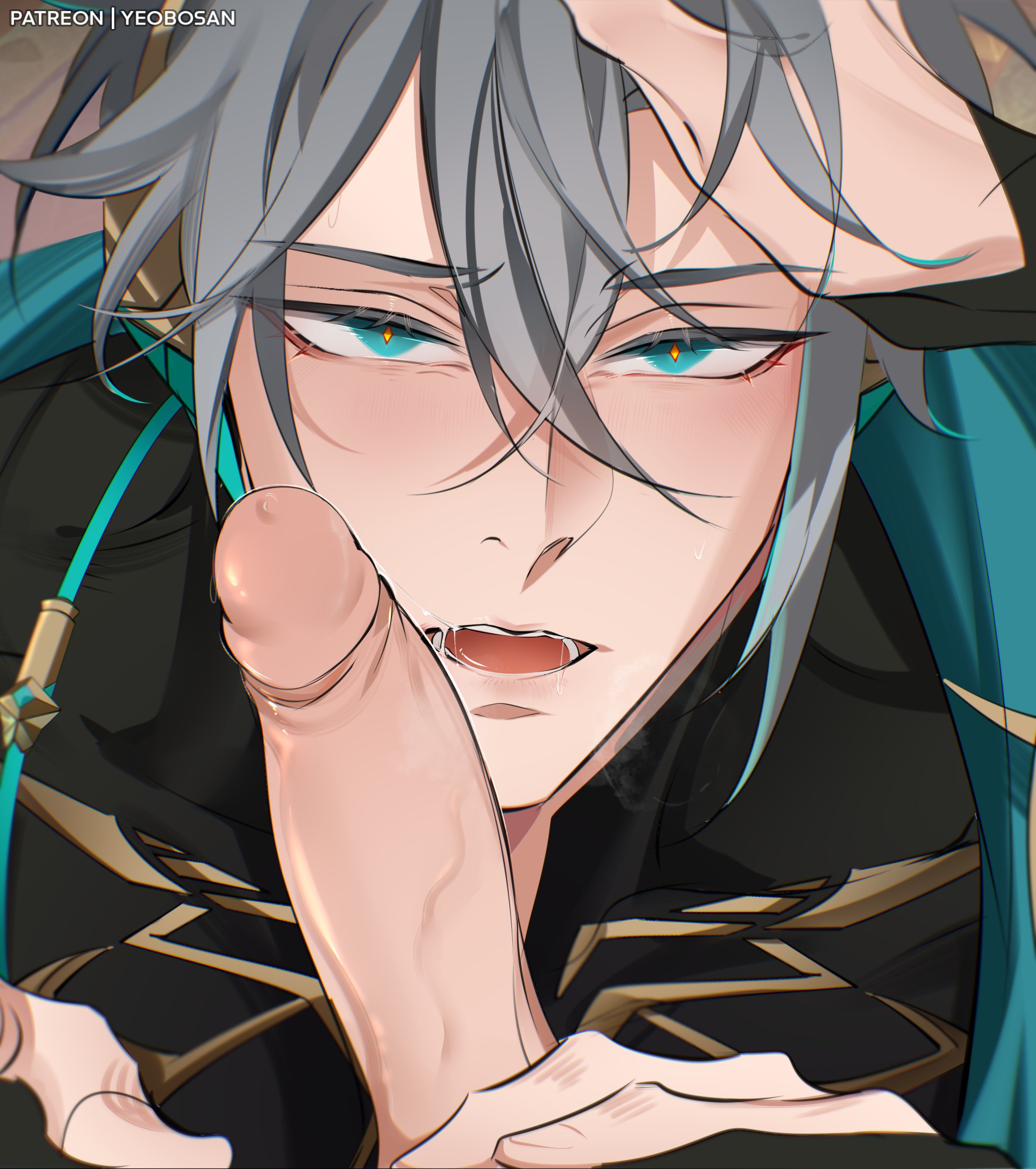2boys, alhaitham (genshin impact), aqua eyes, artist name, artist signature, big penis, blush, clothed, clothing, erect penis, faceless male, fellatio gesture, fully clothed, gay, genshin impact, grey hair, hand in hair, hand on penis, handjob, hi res, imminent oral, kaveh (genshin impact), looking at viewer, male, male focus, male only, male/male, malesub, open mouth, oral, penis, pov, signature, sparkle, veiny penis, yaoi, yeobosannsfw