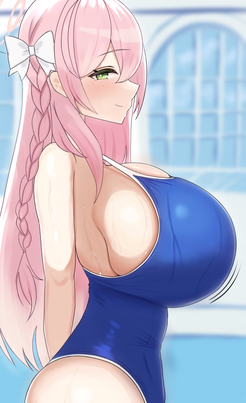 1girls, artist request, blue archive, blush, breasts, female, green eyes, hanako (blue archive), looking at viewer, one-piece swimsuit, pink hair, shortstack, solo, swimsuit