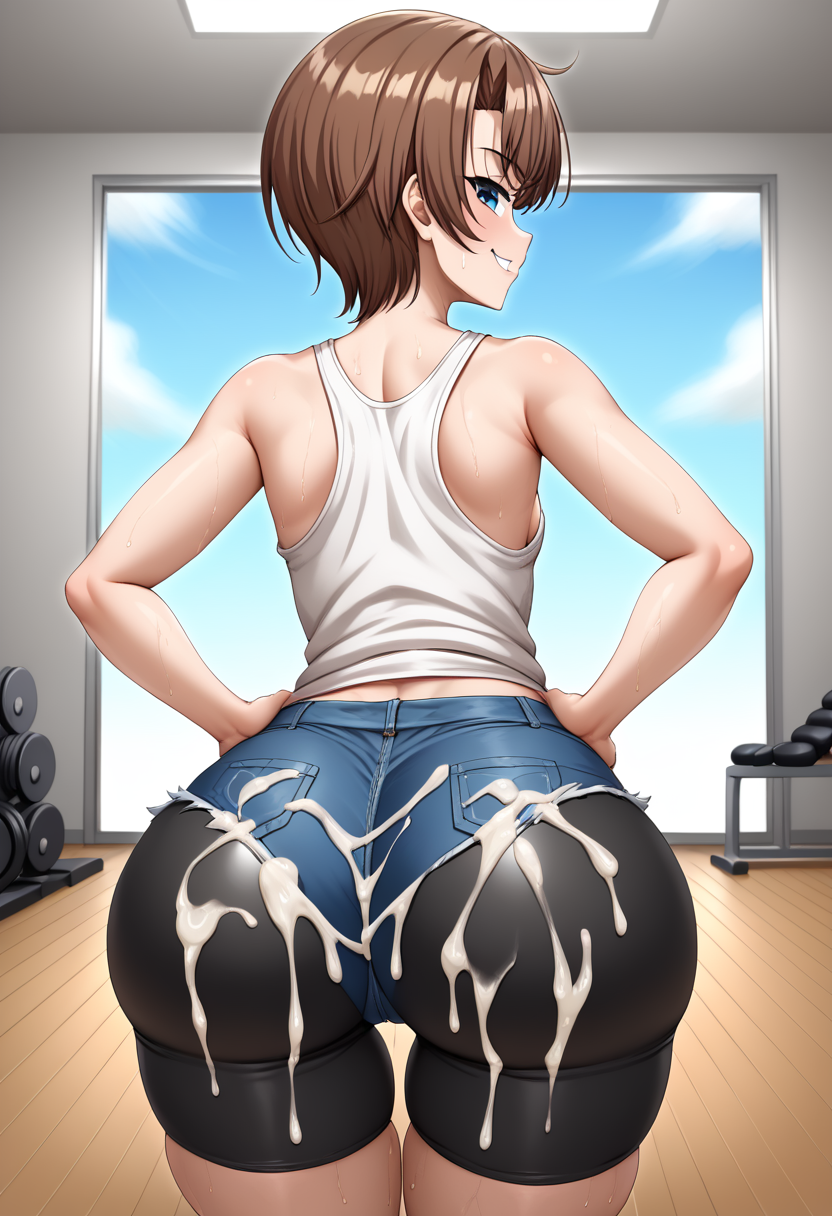 1girls ai_generated ass bangs bare_shoulders bike_shorts bike_shorts_under_shorts blue_eyes blush breasts brown_hair cum cum_on_ass cum_on_body cum_on_lower_body denim denim_shorts female from_behind grin hand_on_hip hands_on_hips hololive huge_ass indoors looking_at_viewer looking_back oozora_subaru self_upload short_hair short_shorts shorts skindentation small_breasts smile smug solo sweat tank_top thick_thighs virtual_youtuber white_tank_top yoshi_tama_(style)