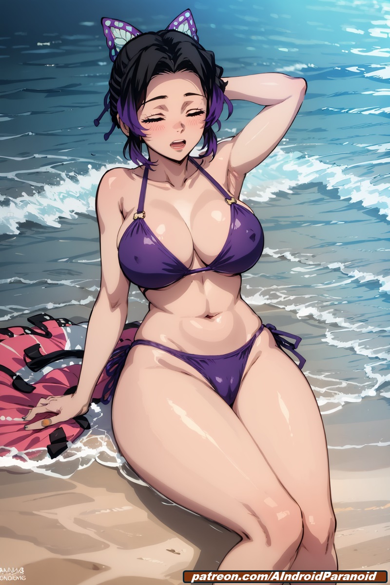 ai generated, aindroidparanoid, ass, beach, bicolored hair, big ass, big breasts, big butt, bikini, black hair, breasts, cameltoe, closed eyes, demon slayer, female, huge ass, huge breasts, huge butt, kimetsu no yaiba, kochou shinobu, large ass, large breasts, large butt, lying, mommy, nipples, outdoors, purple hair, pussy, short hair, sitting, stable diffusion, swimsuit, thick thighs