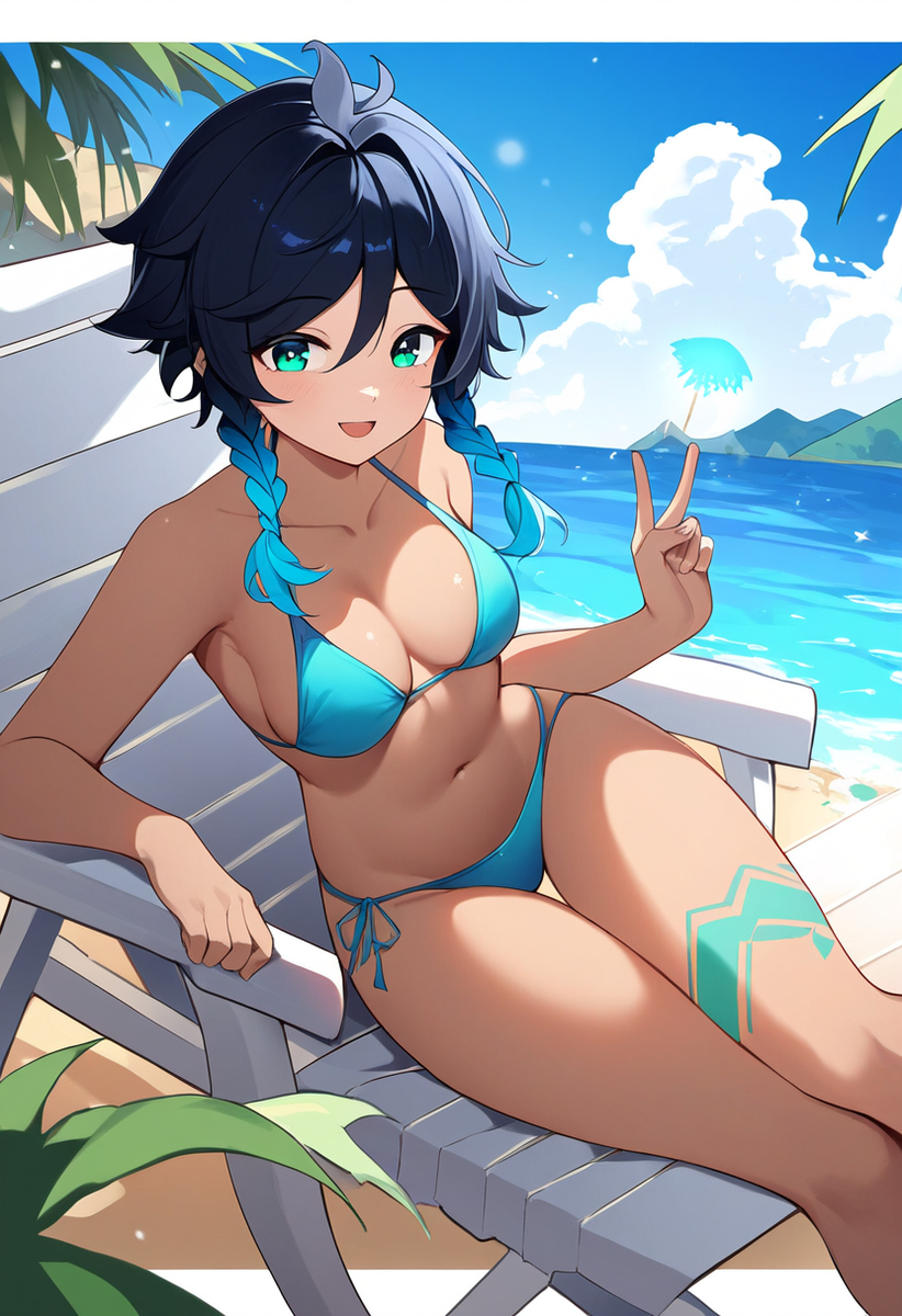 1girls, ai generated, big thighs, bikini, dark skin, dark-skinned female, female, female venti, genderswap, genderswap (mtf), genshin impact, historia, navel, rule 63, thick thighs, thighs, venti (genshin impact), voluptuous