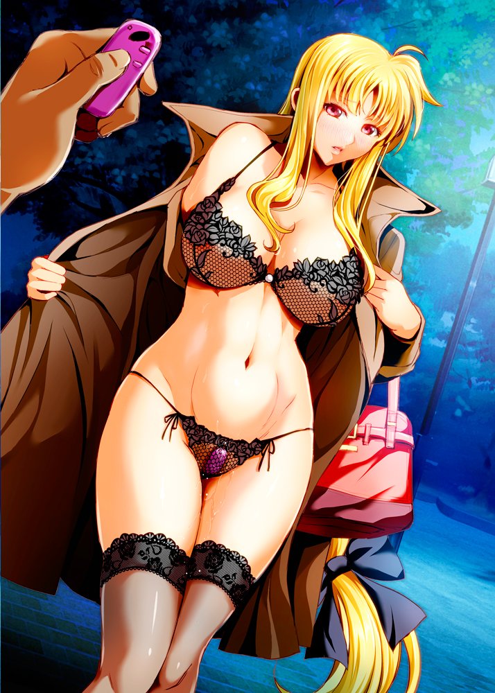 artist_request blonde_hair blush bra coat fate_testarossa female fishnet flashing hips large_breasts lingerie long_hair mahou_shoujo_lyrical_nanoha navel night open_mouth panties park purse remote remote_control remote_control_vibrator ribbon solo_focus stomach tagme thong vibrator