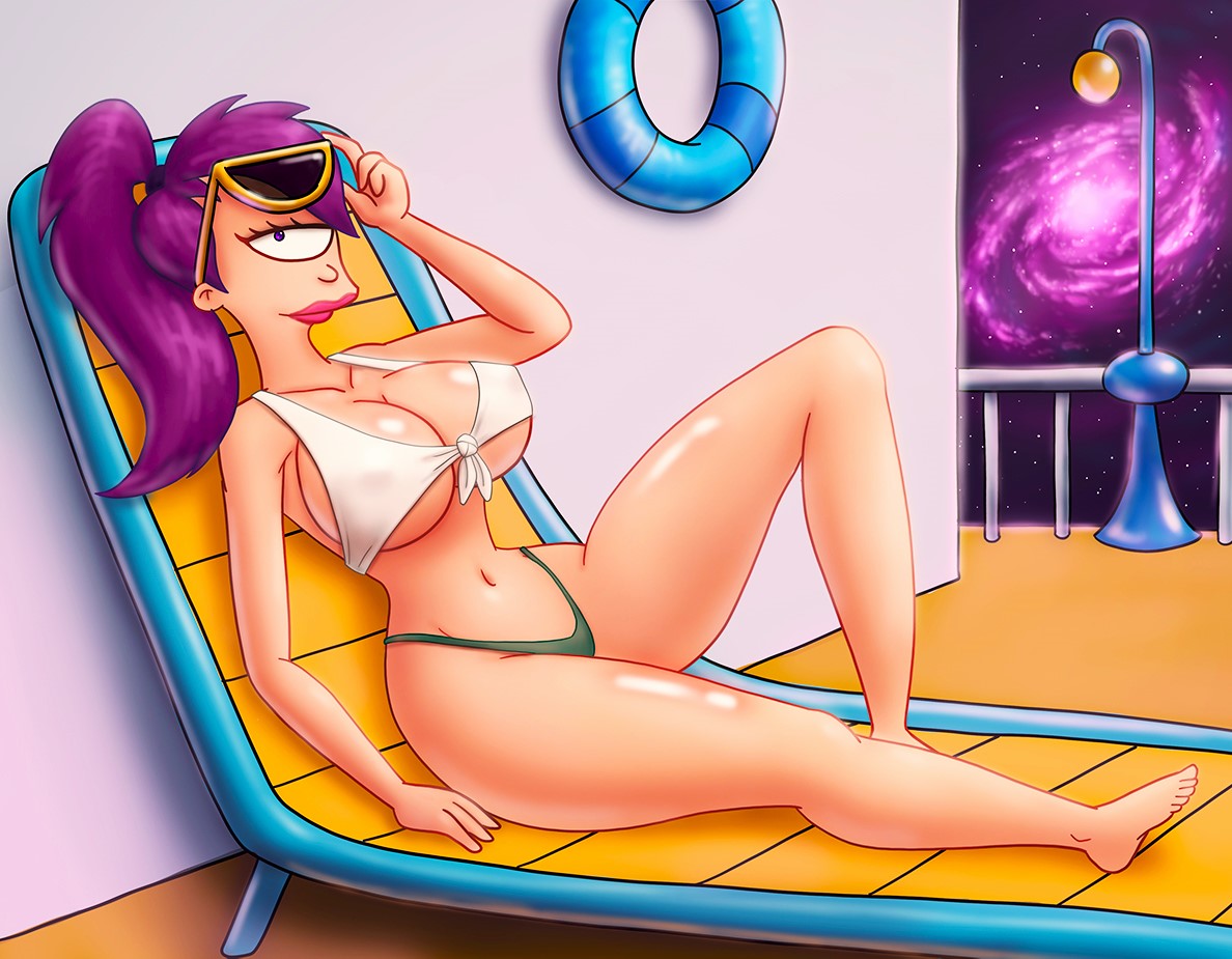 big breasts, bikini, breasts, cyclops, female, futurama, nipples visible through bikini, purple hair, red lipstick, smile, turanga leela