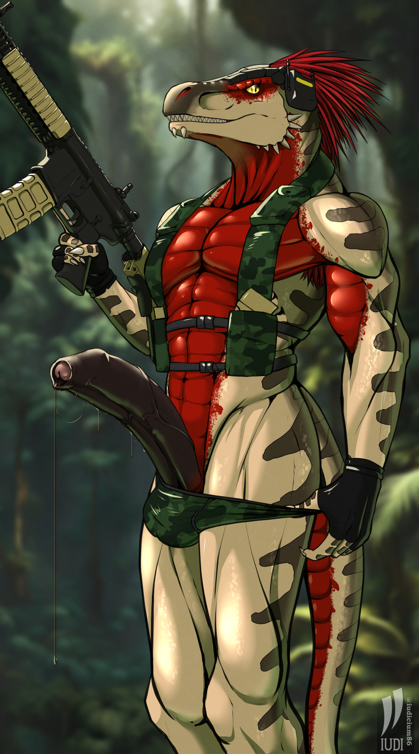 abs activision anthro bodily_fluids call_of_duty clothing codasaurus dinosaur dromaeosaurid fingerless_gloves foreskin forest genital_fluids genitals gloves gun handwear harness hi_res humanoid_genitalia iudicium86 jungle leaking_precum male male_only muscular penis plant precum prehistoric_species ranged_weapon reptile rifle scalie solo theropod tree underwear weapon